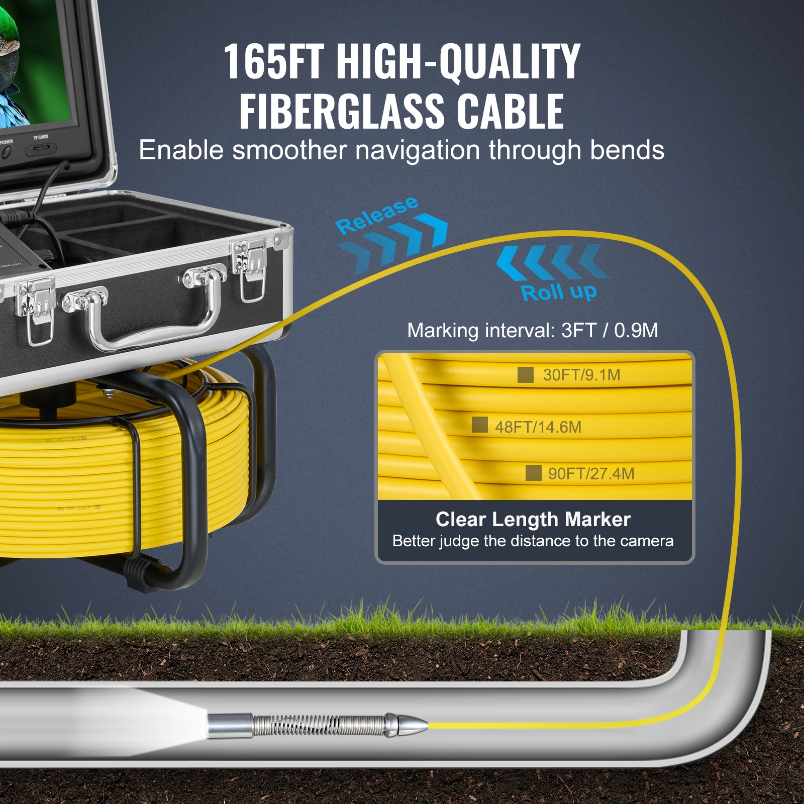 SucceBuy Sewer Camera 165 ft/50 m Self-Leveling Drain Inspection Camera with 9" 1080P HD Screen and 512Hz Locator for Duct Pipe
