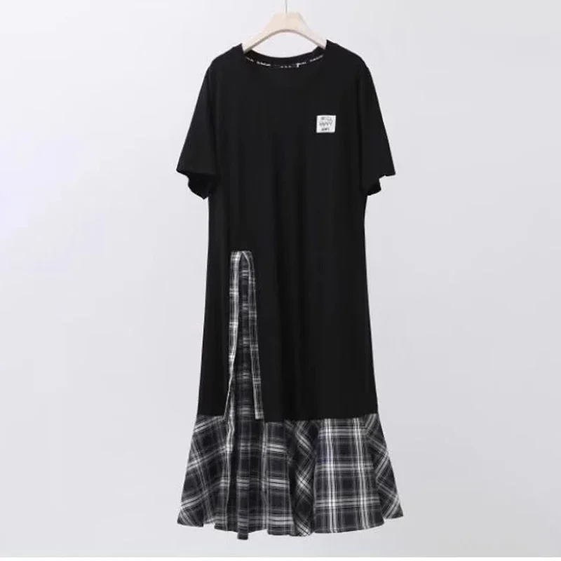 Vestido feminino de duas peças falso de costura irregular, camiseta casual, saia longa, listras soltas, tamanho grande, carne de capa fina, verão