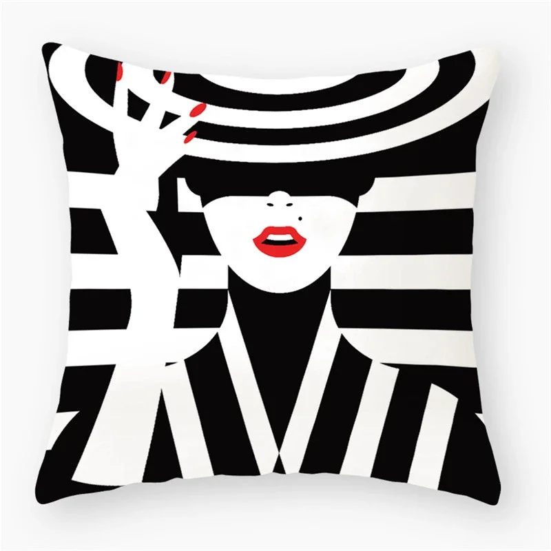 Girl Red Lips Stripe Decorative Polyester Throw Pillow Cover Bedside Cushion Pillowcase Sofa Decoration Pillowcover 45X45CM