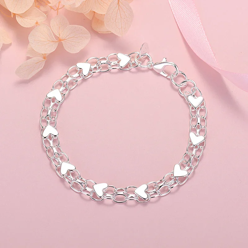 

New Luxury 925 Sterling Silver Classic Heart Bracelets For Women Lady Fashion Designer Jewelry Wedding Party Birthday Gifts