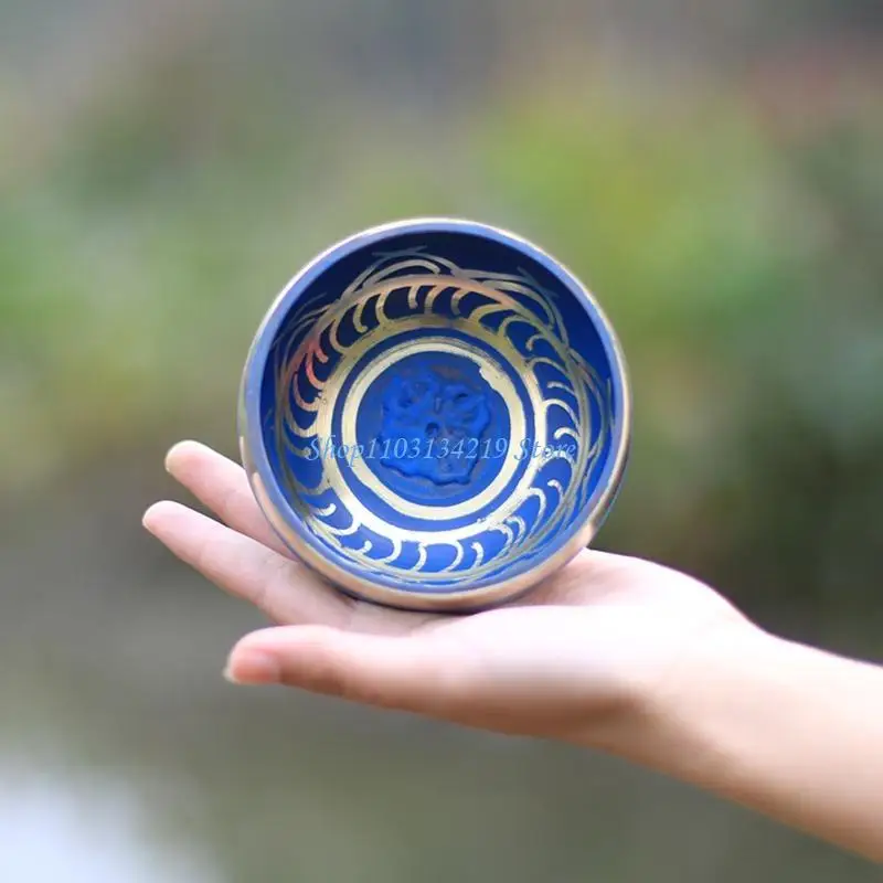 N5KC Nepal Tibetan Blue Buddhist Bowl Mallet Set Meditation Singing Bowls for Home Bedroom Temple Yoga Studio Decoration