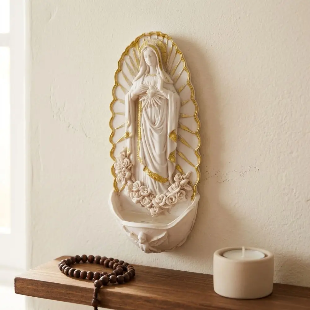 Religious Virgin Mary Holy Water Font Catholic Wall Mounted Mary Wall Hanging Font Resin Figurine Hand Painted