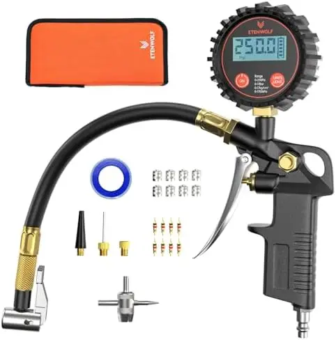

ETENWOLF T500 Digital Tire Inflator & Gauge 0-250 PSI – ANSI B40.7 Certified, Air Chuck, Storage Bag – Black