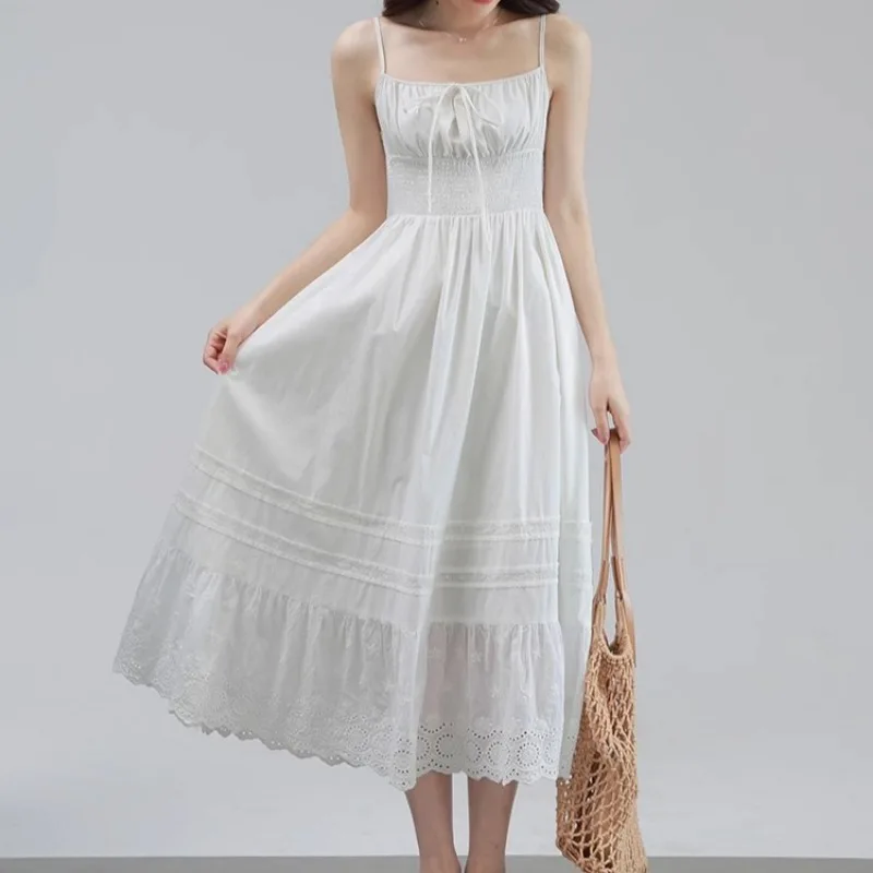 White Elegant Women Dress Lace Patchwork Lace-up Sleeveless Clothing Lady Slash Neck Strapped Dresses Bodycon Summer Holiday