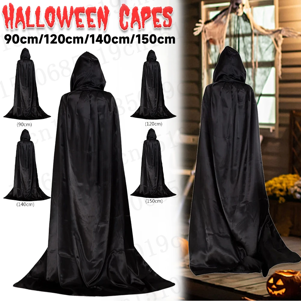 

Цельная накидка на Хэллоуин в течение 3 размеров. Это черный плащ Grim Reaper из атласа для вечеринки с воротником-стойкой.