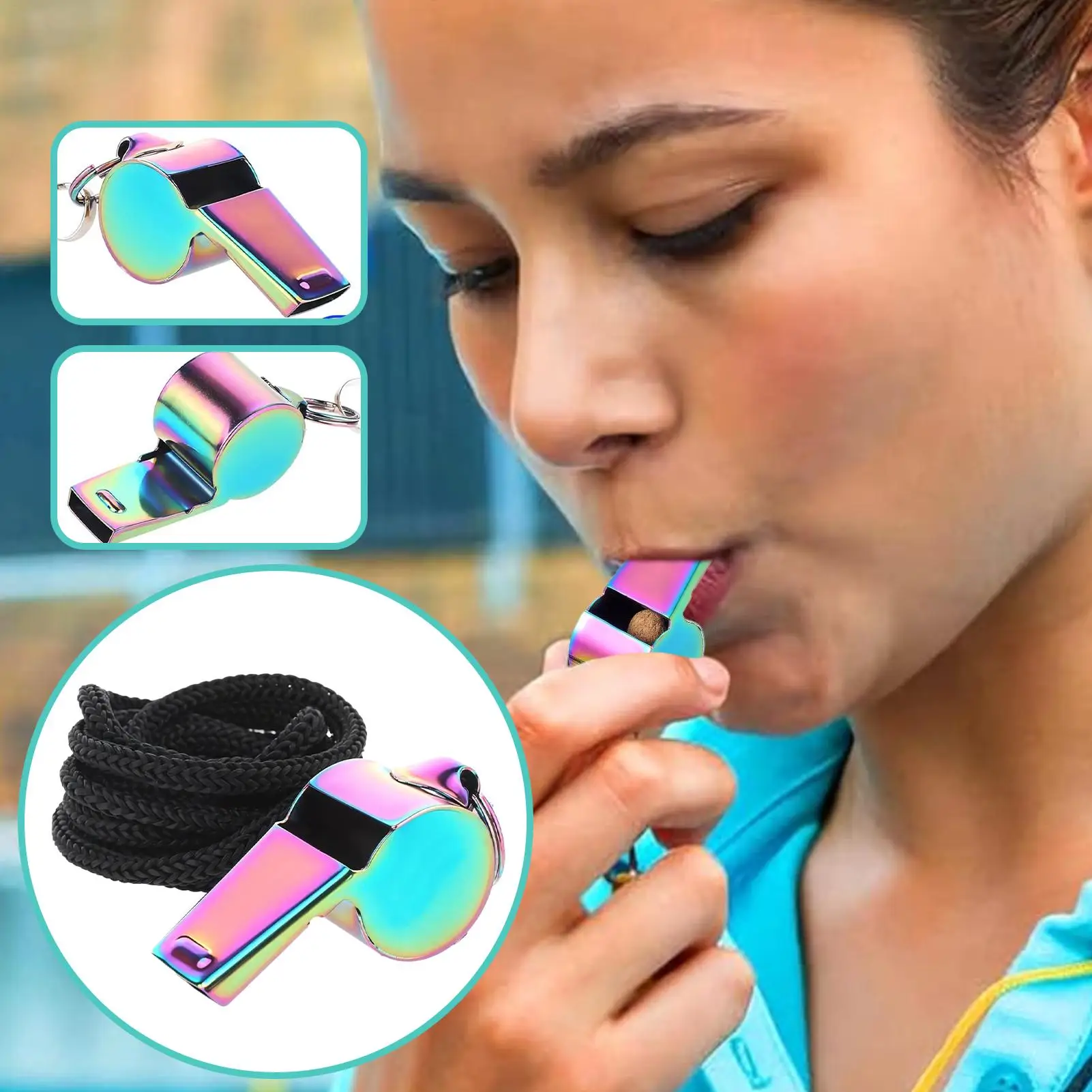 

Свистки для спорта из нержавеющей стали, свистки со шнурком, многофункциональный уличный аксессуар для баскетбола, футбола