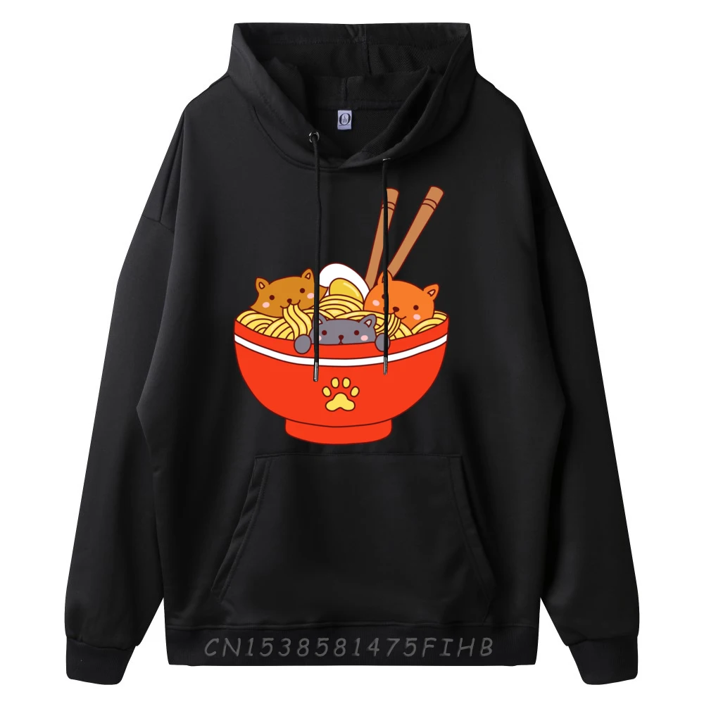 Three Cute Kawaii Cats Eating Japanese Ramen Noodles Bowl Clothing Eco-Friendly Camisas De Hombre Outdoor