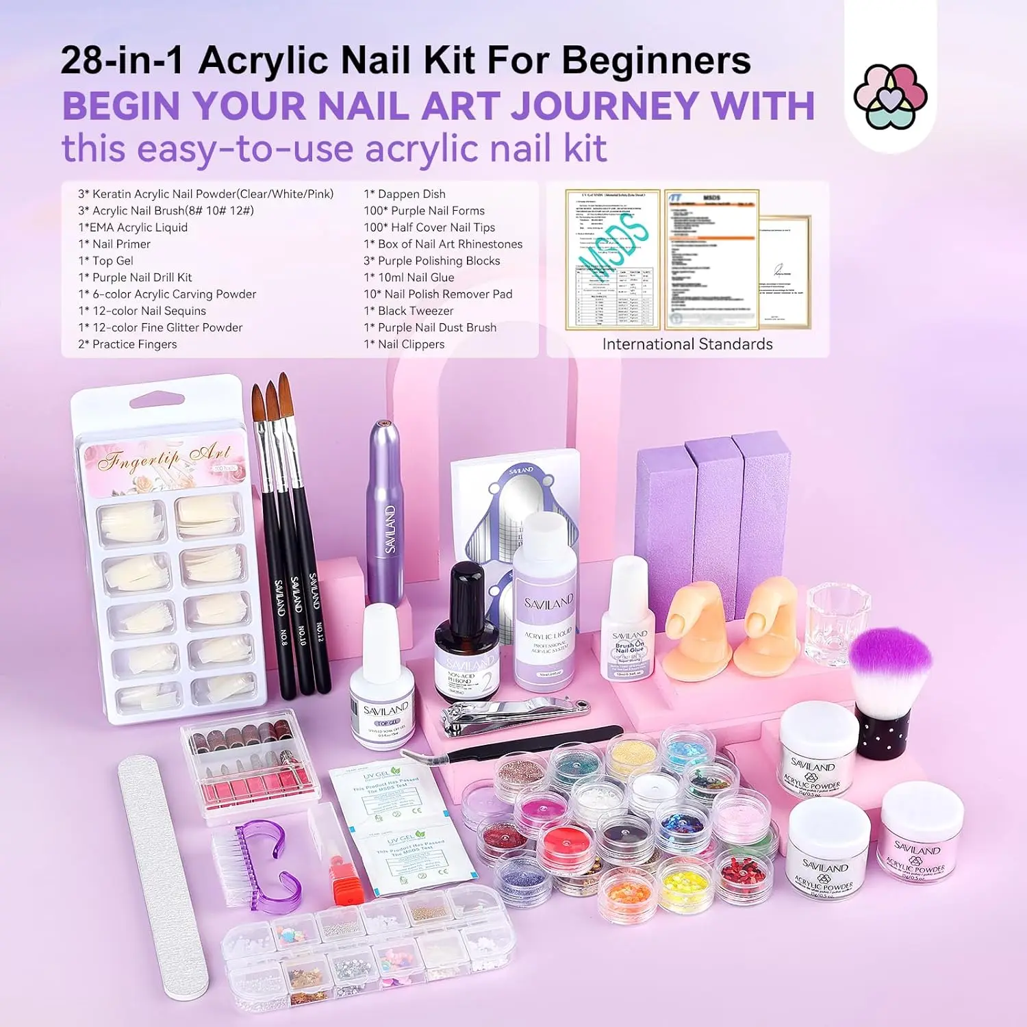 Kit complet d'ongles en acrylique avec perceuse pour débutants : comprend des poudres scintillantes, un ensemble de liquides et 100 embouts pour la manucure à domicile