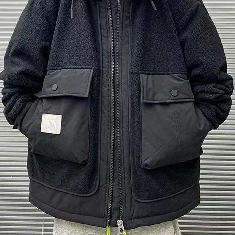 Casaco de patchwork de lã de cordeiro com bolso grande, Parkas acolchoado, Top extragrande com capuz, Workwear grosso, estilo japonês, inverno