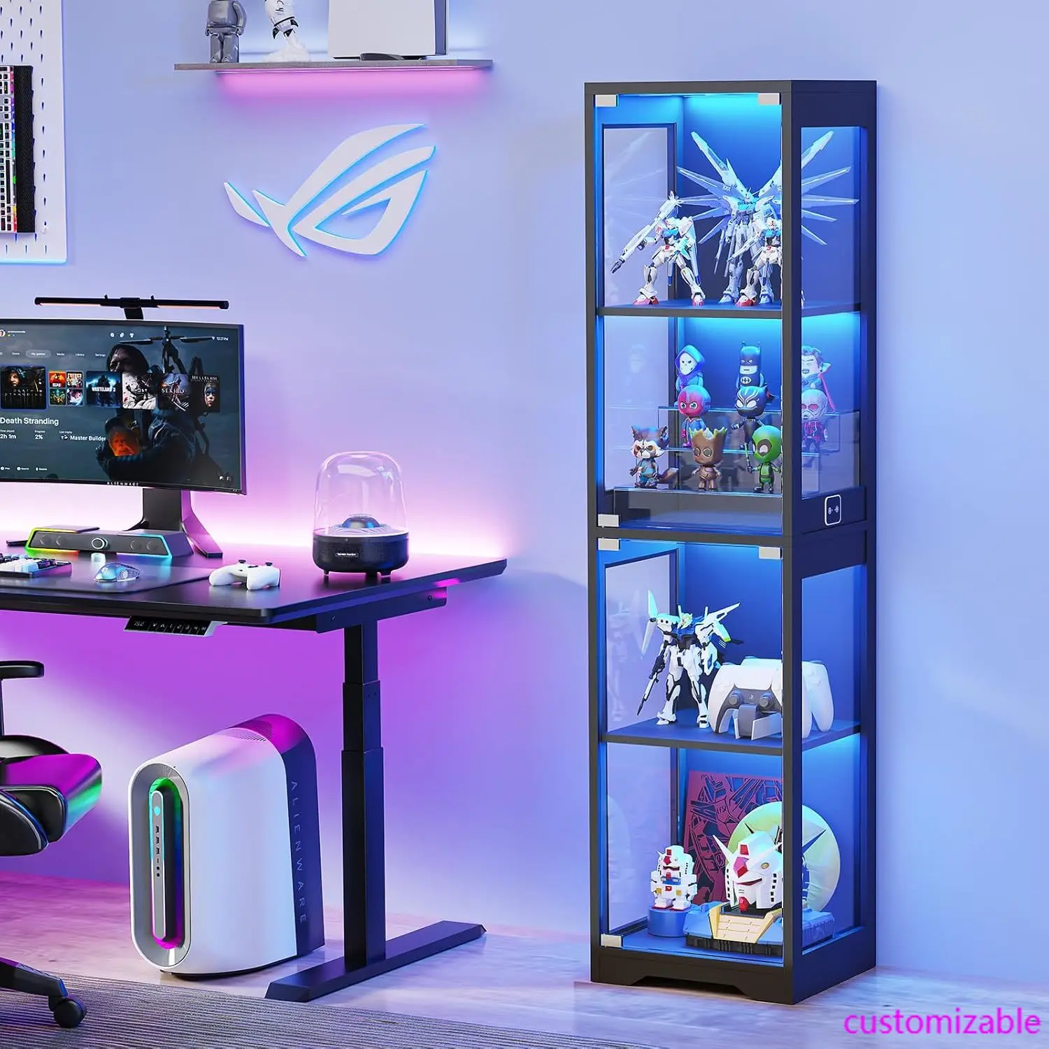 خزانة عرض زجاجية، خزائن تحف من 4 طبقات مع 3 أضواء ملونة للمقتنيات، خزانة تخزين مع باب، علبة عرض زجاجية