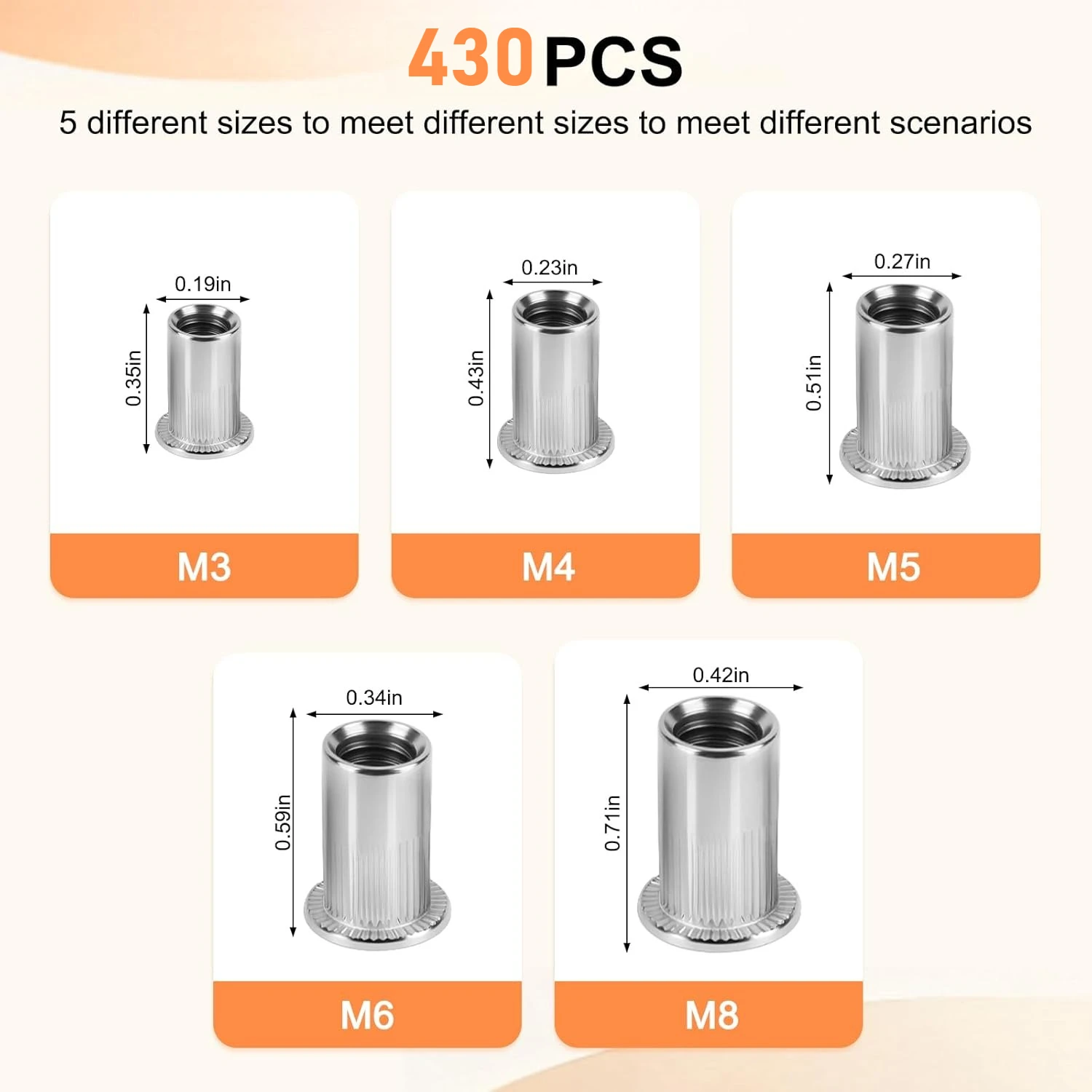 

430Pcs/Set 304 Stainless Steel Flat Head Vertical Threaded Riveted Nuts Kit M3 M4 M5 M6 M8 Insert Nutsert Cap Rivet Nut