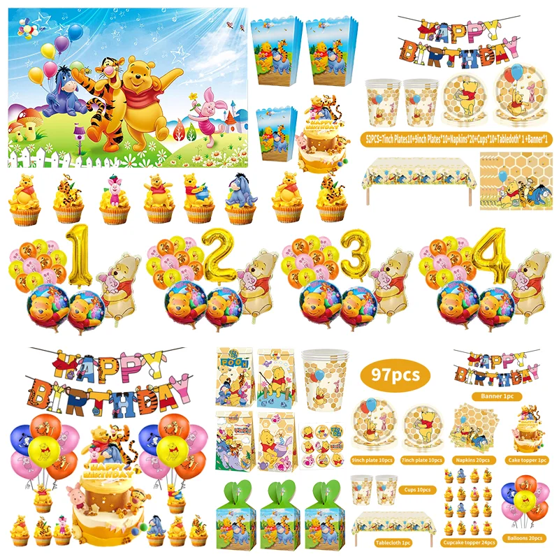 Nouvel ensemble de fournitures de fête Disney Winnie l'ourson : gobelets, assiettes, ballons – Décoration de fête d'anniversaire sur le thème Winnie l'ourson