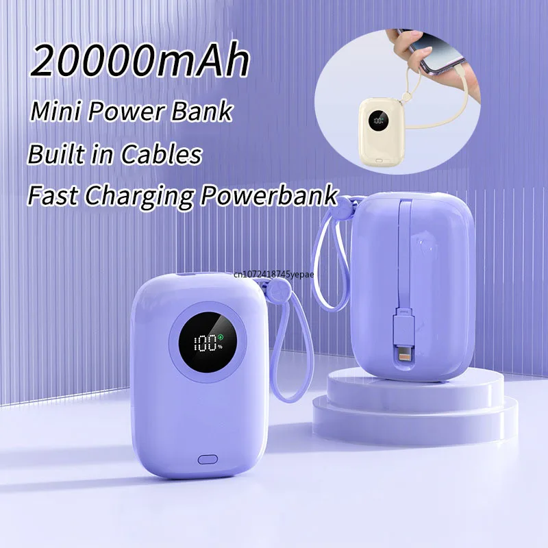 

Портативное зарядное устройство Mini Power Bank 20000 мАч, 22,5 Вт, быстрая зарядка с кабелем, внешний запасной аккумулятор Powerbank для iPhone 16 Xiaomi