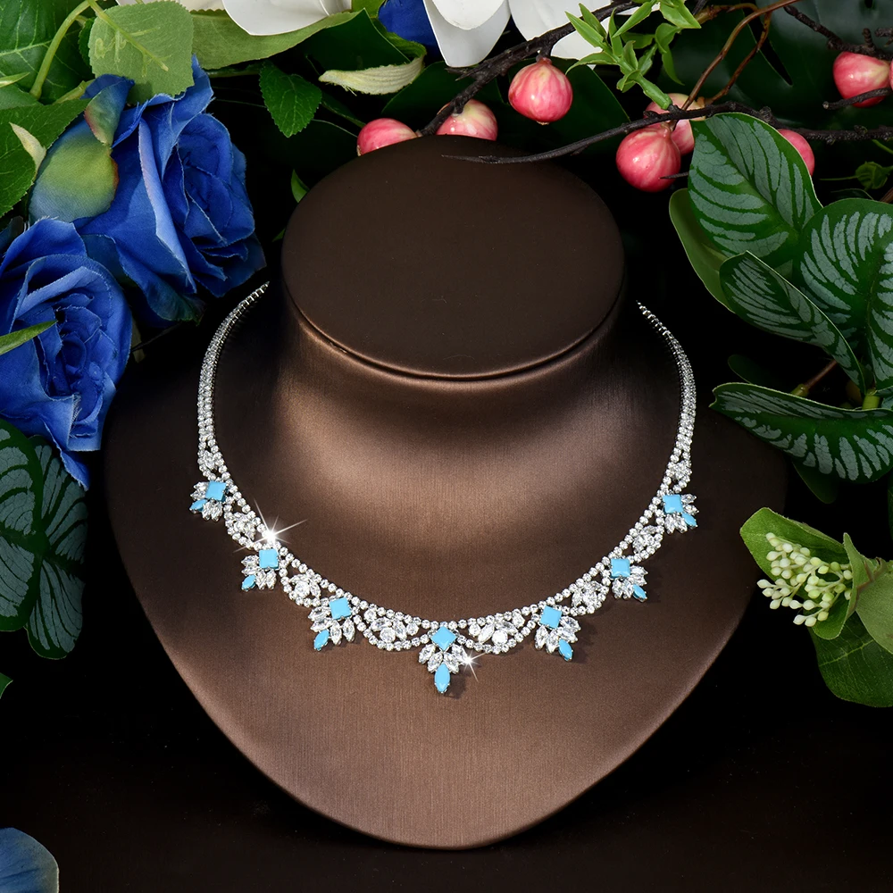 HIBRIDE 4 قطعة مجموعة مجوهرات رومانسية زرقاء عتيقة قلادة للسيدات أقراط خاتم حفلة موسيقية هدية الزفاف الزفاف S-784 #5
