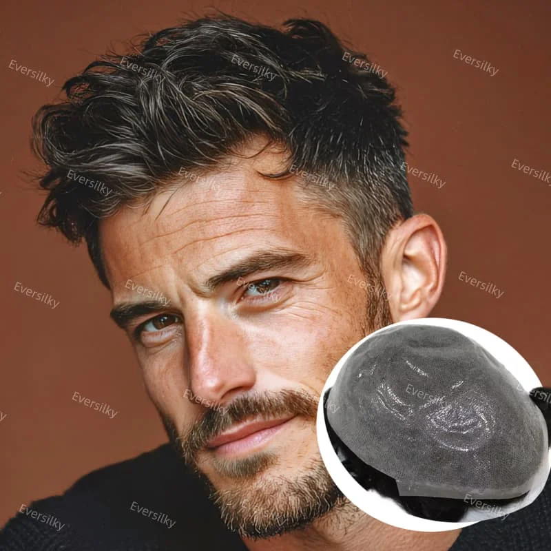 # 1B50 # 1B65 # 1B80 مزيج أسود رمادي شعر الإنسان رجل يبلغ من العمر الباروكات عالية الجودة كامل بولي PU 0.04-0.05 مللي متر رقيقة الجلد الرجال الشعرية الاصطناعية الباروكات #5