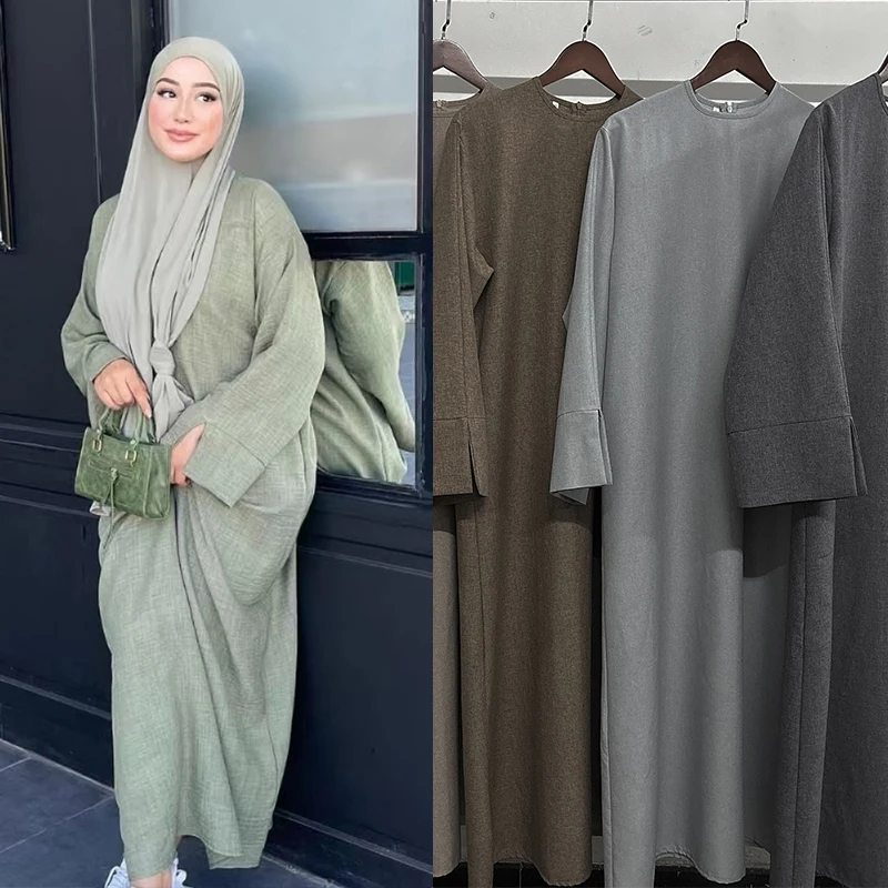 New Abaya cuff slit long dress for RamadanDubaiMuslimwomewholesale Islamic clothingdignified round neck wide bottomdressMU-715