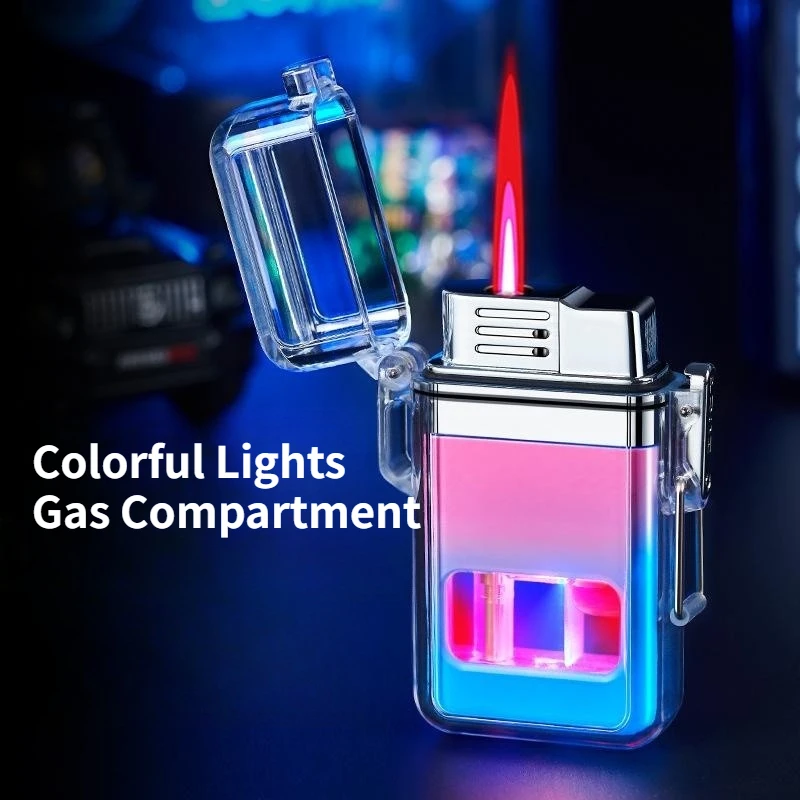 Transparent Windproof Outdoor Portable Lanyard Lighter Visible Gas Chamber Dual-flame Direct-flush Inflatable Lighter Men's Tool