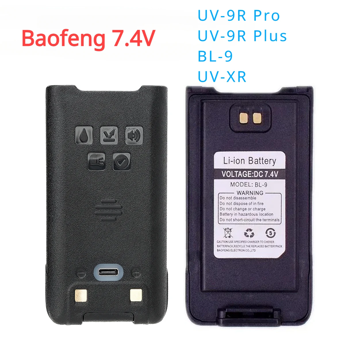 Baofeng 7.4V UV-9R Pro Plus BL-9 UV-XR Support Type-C Charge for Walkie Talkie Li-ion Rechargeable Battery Waterproof Real Power