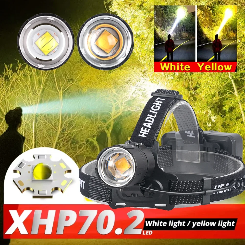 10000LM The Most Powerful XHP70.2 LED Headlamp Yellow White Light LED Headlight Fishing Camping ZOOM Torch Use 3*18650 Battery