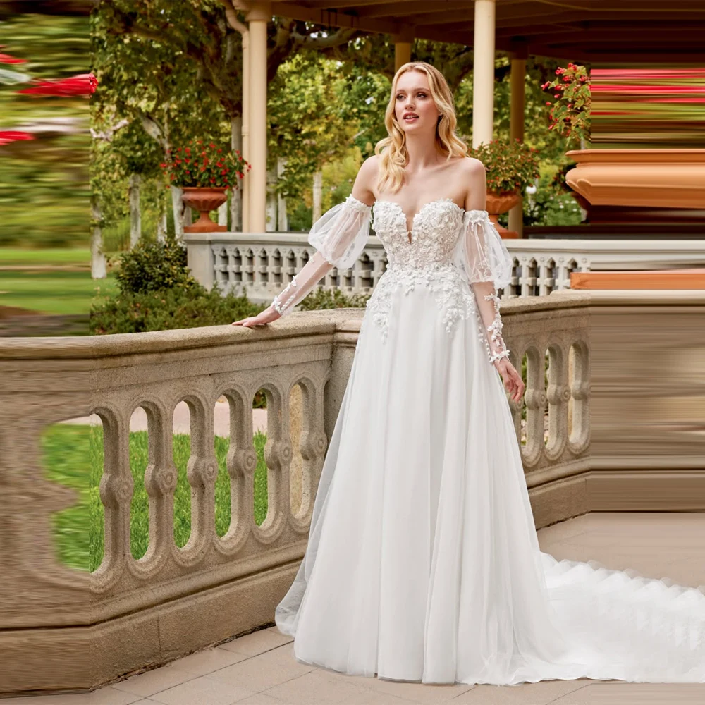 

Simplicity A-Line Lady Wedding Dresses Customized Off Shoulder Lace Long Sleeves Bride Gowns Shining Decals Embellishments Robes