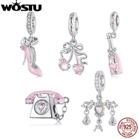 WOSTU 925 Silver Pink High Heel Charm Champagne Pendant Cherry Bead Fit Bracelet Necklace Sweet Girl Birthday DIY Jewelry Gift