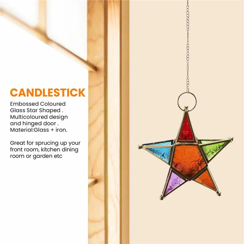 PZHI-Multicolour Glass Star Votive Tea Light Candle Holder Hanging Lighting Lantern Wedding Birthday Party Home Garden Decor