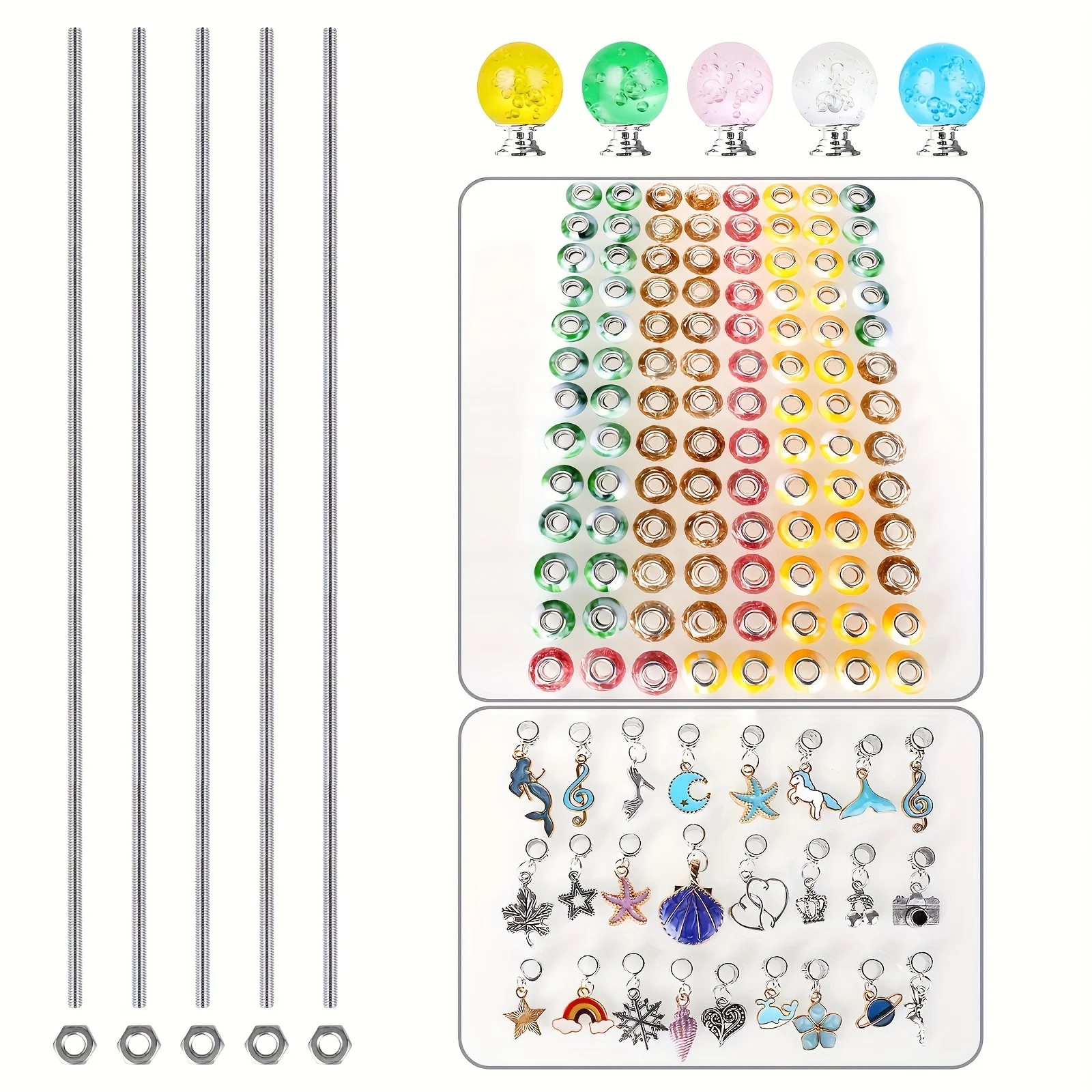 5 sets of DIY fairy wand fairy magic wand bead string garden wooden stake plant stake kits - 5 round crystal tops, 25 decorative droplets, 100 beads, 5 stainless steel threaded rods and 5 nuts, very suitable for outdoor decoration and flower pots and flow view 2