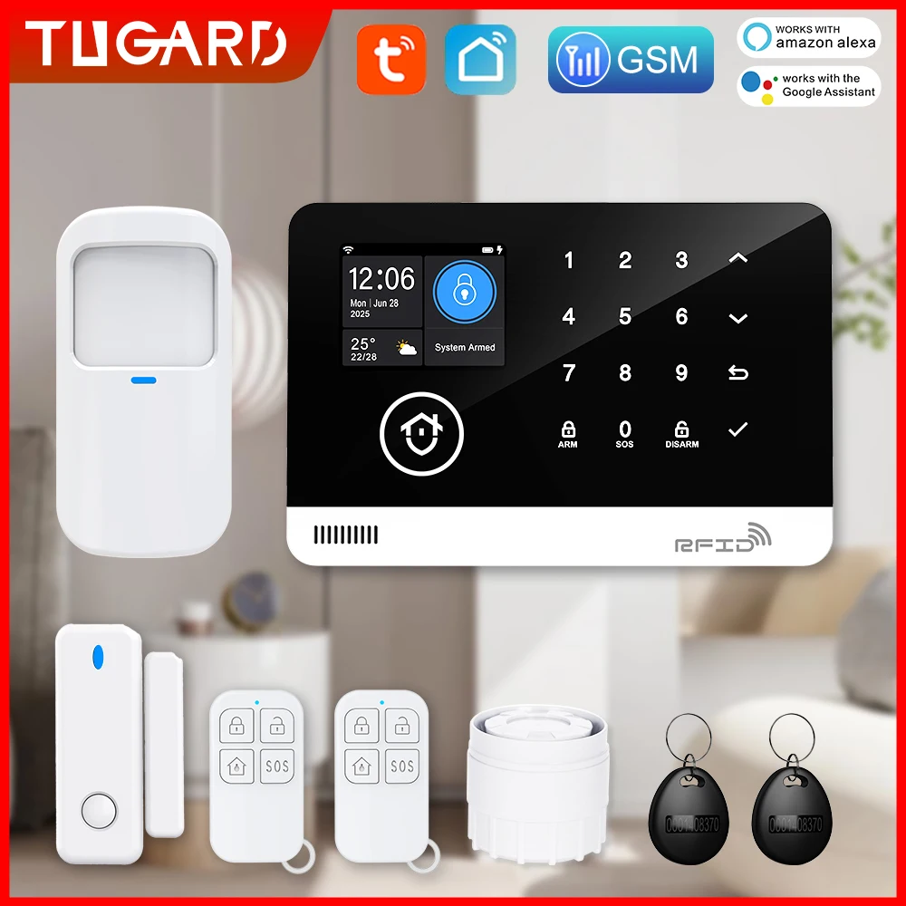 Alexa Voice Assistant Alarm: GSM WiFi Security System w/Tuya App for Home, Apartment Office Warehouse Kit