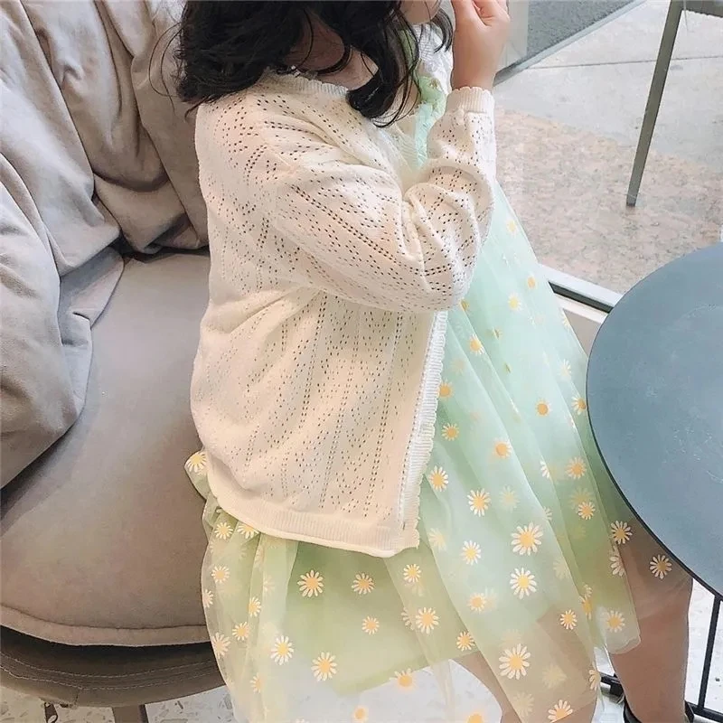 Baby Girls Summer Thin Cotton Knitted Cardigan Middle Small Children Solid Color Cutout Cardigan Coat Girl Sun Protection Coat