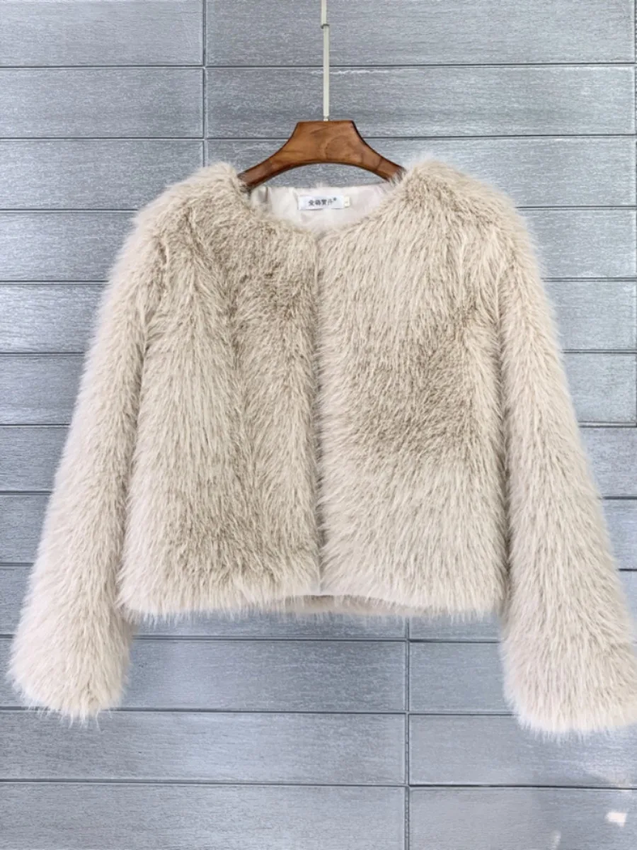 Women Imitation Faux Fur Coat Solid Color Plush Warm Jacket Loose Slim Fit Long Sleeve Thick Cardigan High Street 2024 Autumn