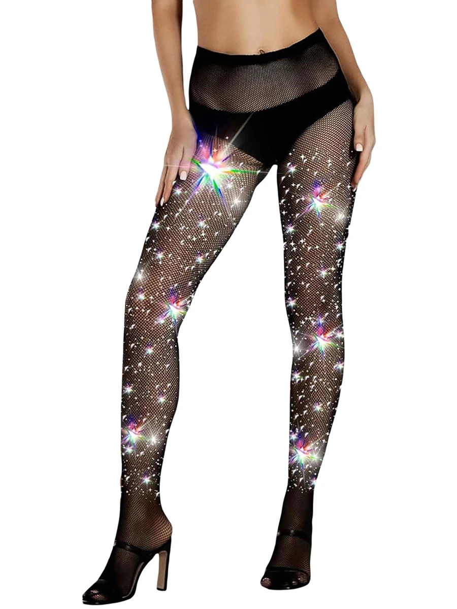 Women Sparkly Tights Amazing Glitter Rhinestone Fishnets Leggings Sexy Mesh Sheer Stockings Female Erotic Party Concert Outfits