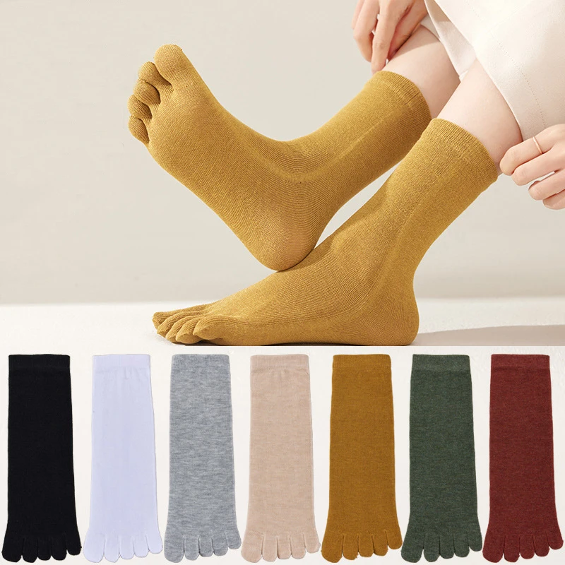 5 Pairs Women 5 Finger Socks Cotton Solid Young Fashion Soft Elastic Sweat-Absorbing Deodorant Toe Harajuku Socks 4 Seasons