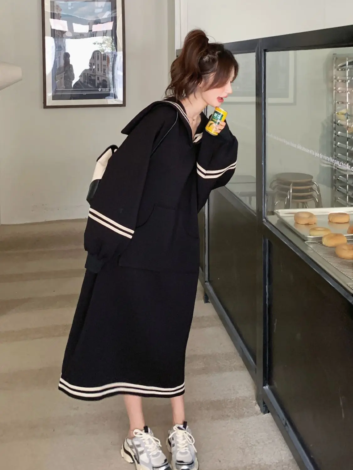 Korejpaa Preppy Style Navy Collar Dresses Women 2024 Autumn Clothes Korean Fashion Slimming Casual Striped Long Sleeve Vestidos