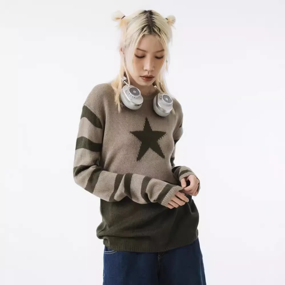 Y2k Long Sleeved Pullover Sweater Five Pointed Star Jacquard Pattern Winter Outfitting School Ootd Streetwear Oversize Clothes