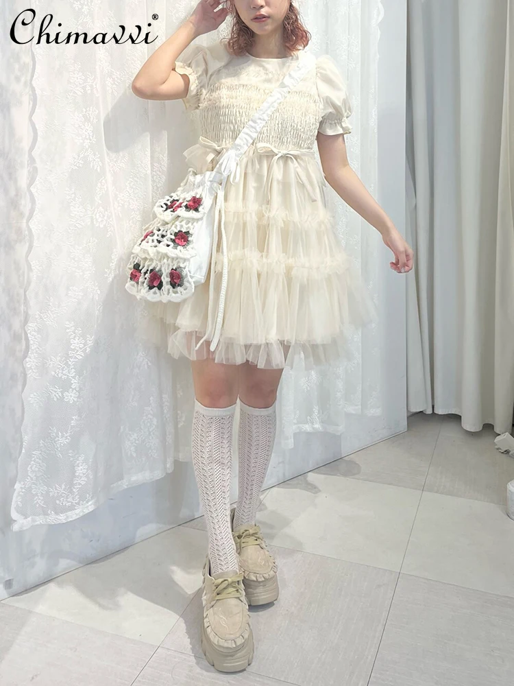 Abito a trapezio con maniche a sbuffo trasparenti da principessa dolce giapponese Abiti corti eleganti da donna con maniche corte a maniche corte super fata