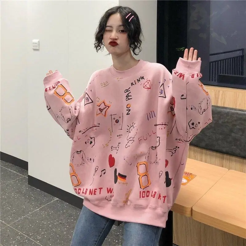 Autumn Winter New Round Neck Long Sleeve Fashion Sweatshirts Women High Street Printing Hip Hop Pullovers Thick All-match Tops