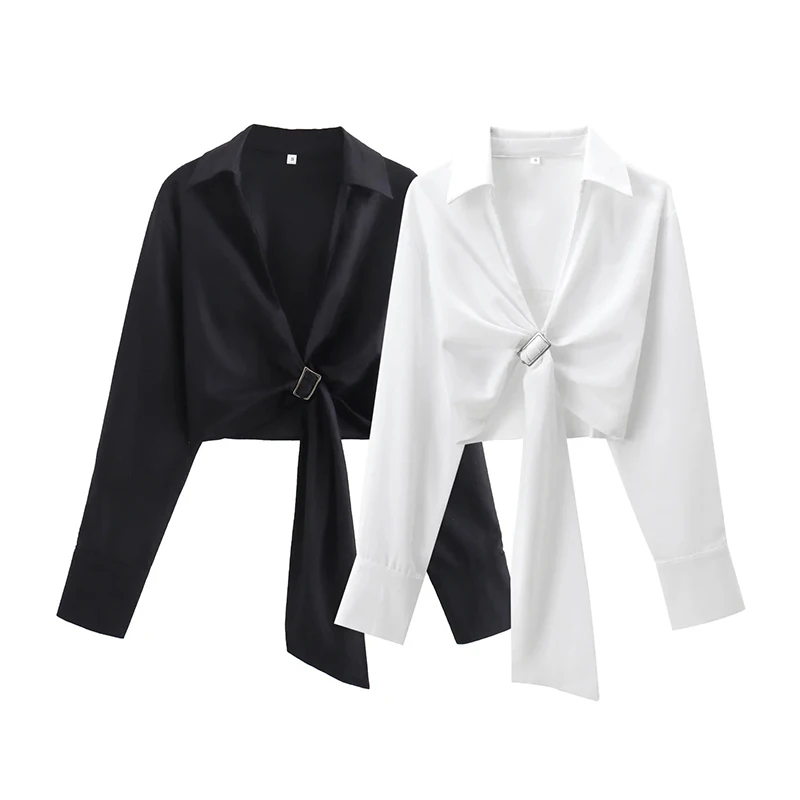 Laxsesu Women 2024 New White Turn-down Collar Fashion Casual Buckle Design Blouses Vintage Solid Long-sleeve Blouses Chic Tops.