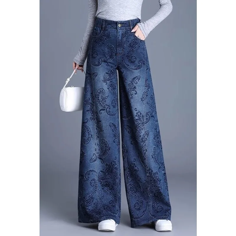 Nowe damskie spodnie jeansowe z nadrukiem, modne, jesienno-zimowe, wąskie, z wysokim stanem, z szerokimi nogawkami, damskie spodnie o prostych nogawkach.