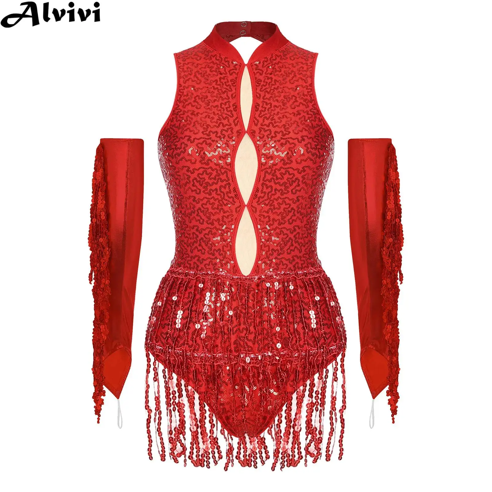 

Women Latin Jazz Dance Costume Cha-cha Samba Rumba Skating Bodysuit Sleeveless Sequins Tassel Leotard with Fringe Gloves Set