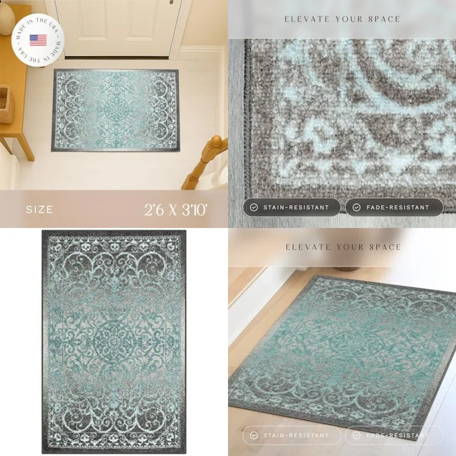 

Pelham Vintage Medallion Area Rugs - Made in USA - Washable, Non-Slip, Low Profile Indoor Rug for Entryway, Foyer, Kitchen, and