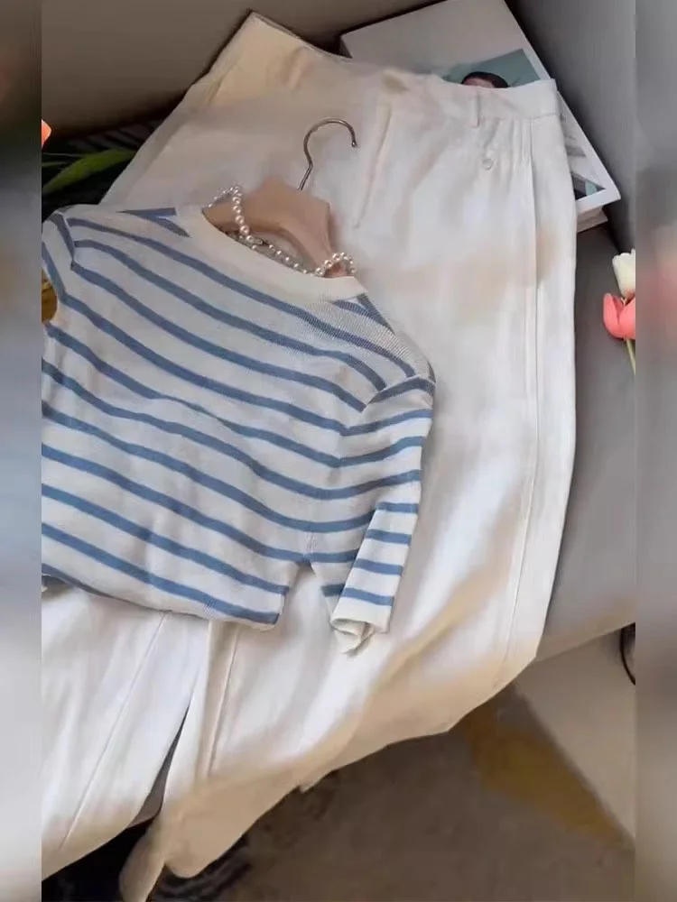 

Лето 2022, футболка в полоску Faion, повседневный женский комплект, штаны Ele Age-Defng, комплект из двух предметов, Ele Simple Sle