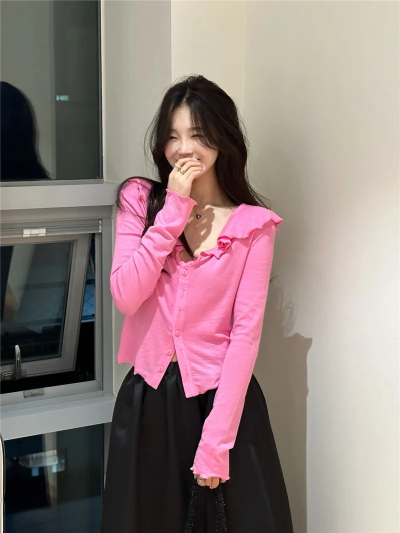 Rebellious Sweetheart Loose Comfortable Long Sleeve T-Shirt Women's Fashion Korean Style Earlet Detail Base Layer Shirt