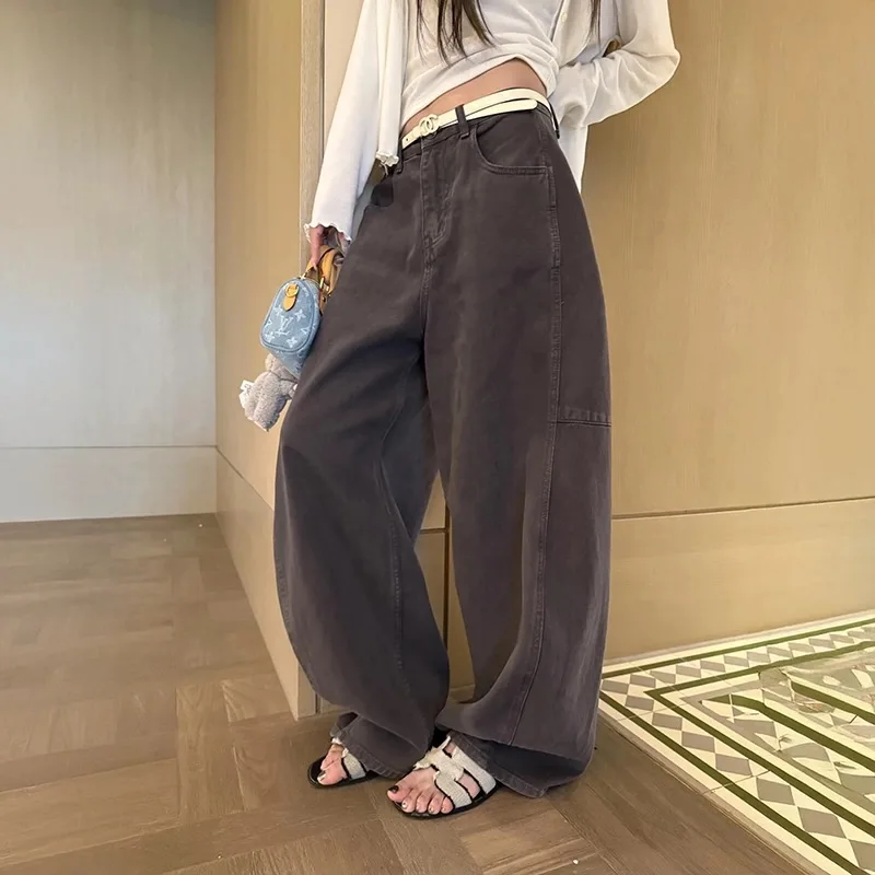Dames Amerikaanse stijl grijze gebogen mesjeans hoog getailleerde wijde pijpen losse pasvorm afslankende bananenvloerbroek roerbakken ambachtelijke denim