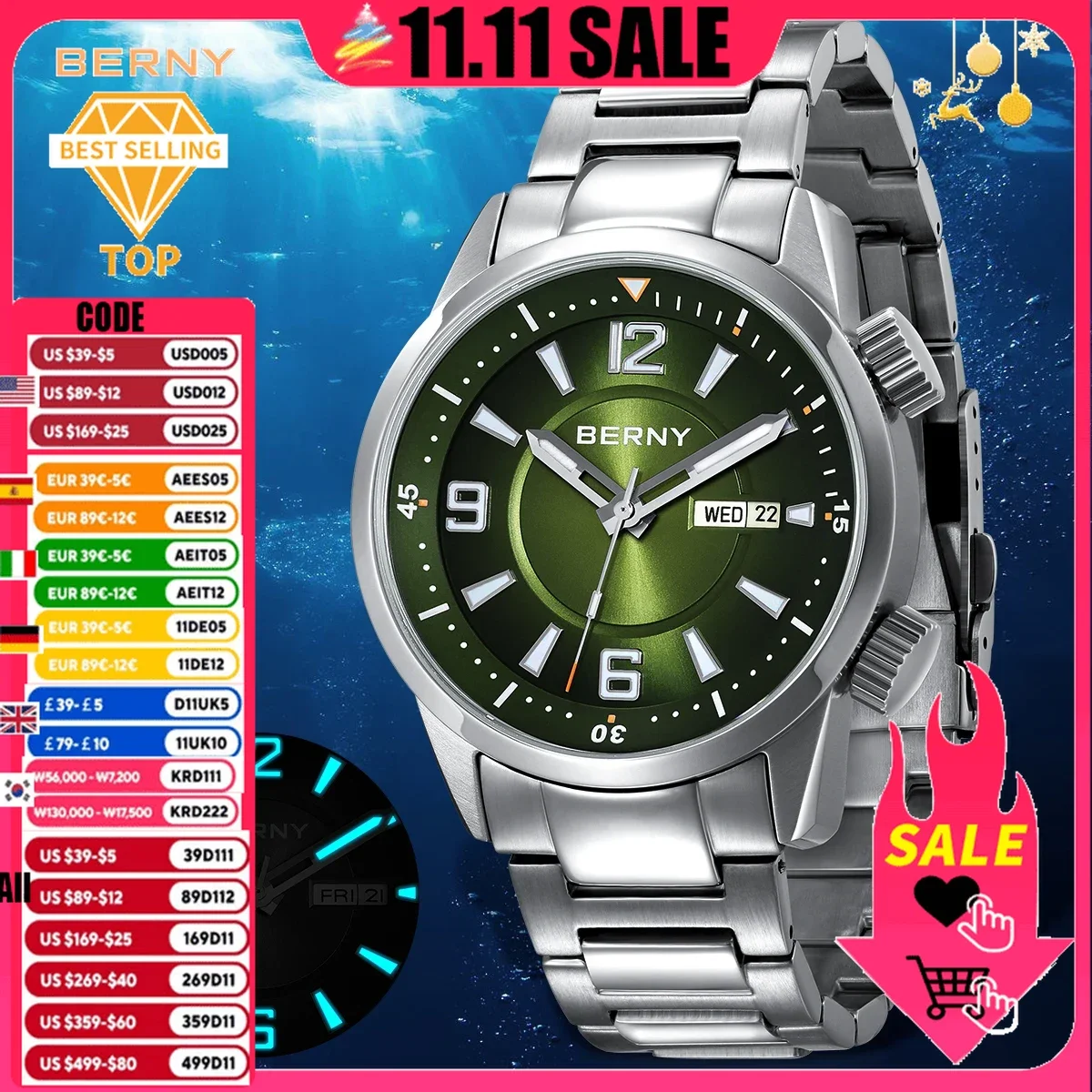 BERNY Diver Men Watch Automatic Wristwatch Sapphire Super Luminous 20ATM Waterproof Stainless Steel MIYOTA 8205 Mechanical Watch