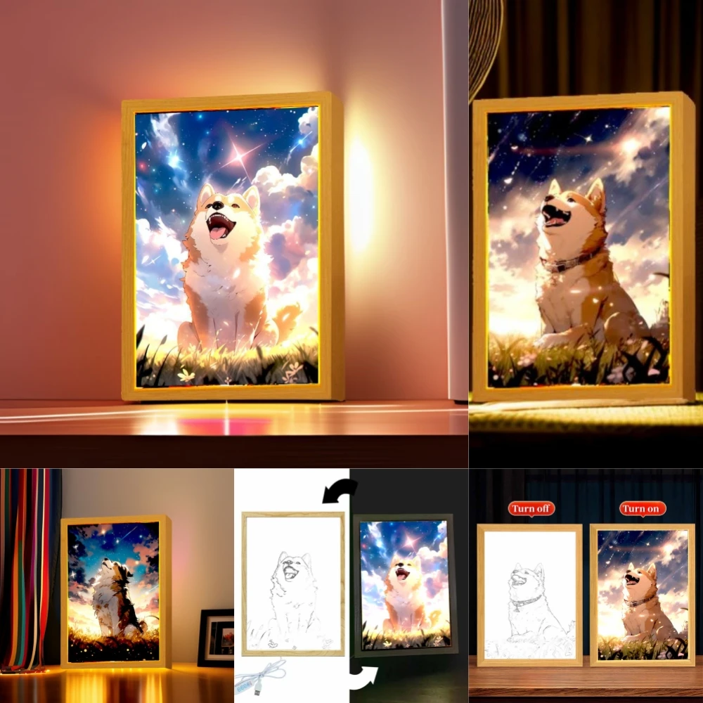 Cute puppy Light Painting Picture Frame Kawaii Led Night Light Home Wall Bedside Table Room Decor Kids Christmas Gifts Moon Lamp