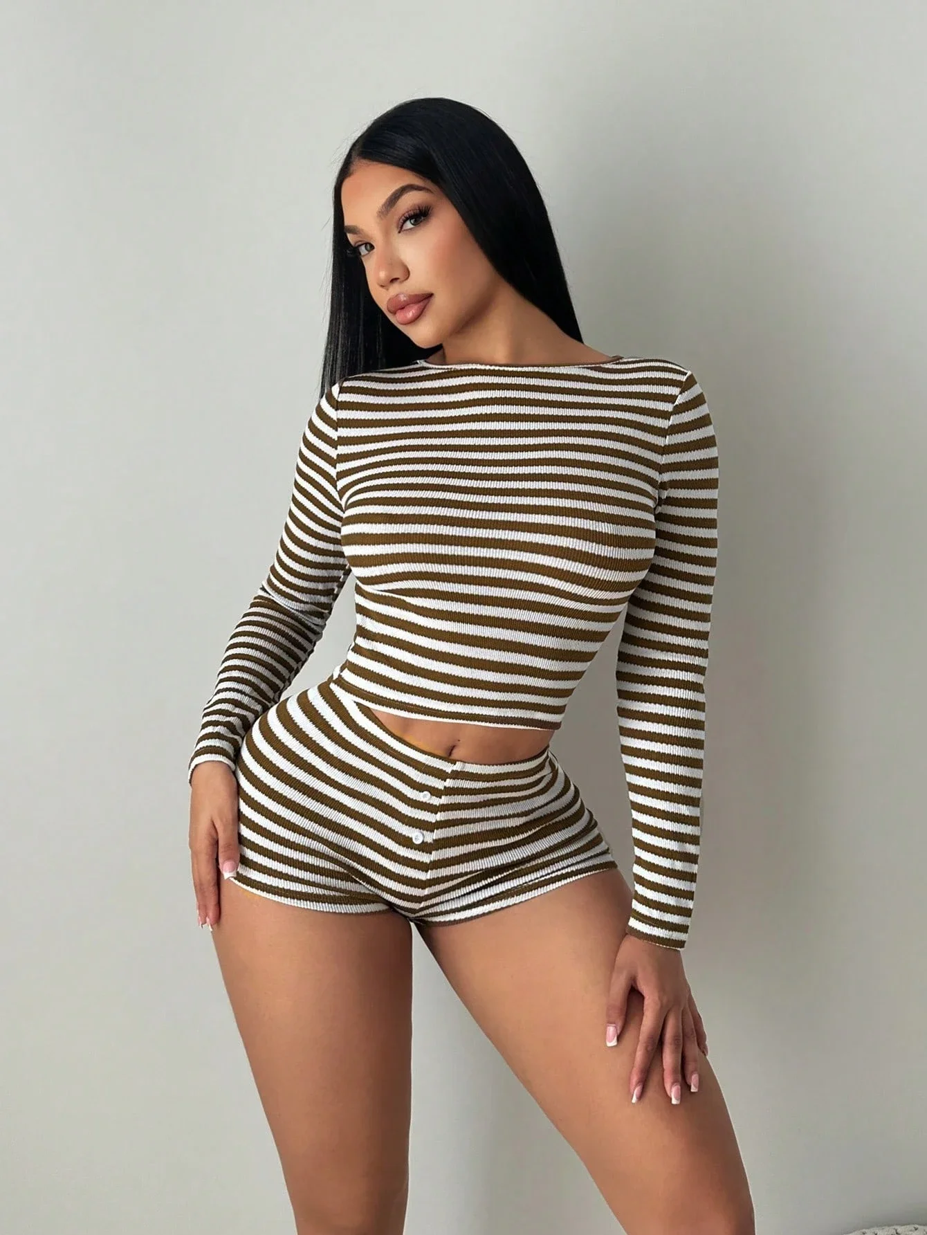 

Brown Striped Long Sleeve Two Piece Set Casual Lounge Outfit For Women