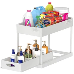 2 Tier Under Sink Organizer Sliding Cabinet Basket Organizer Storage Rack with Hooks Hanging Cup Bathroom Kitchen Organizer