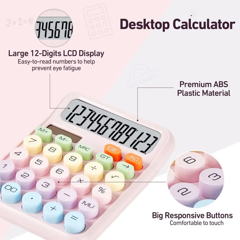 Cute 12 Digits Mechanical Switch Calculator Big Buttons Large LCD Display Calculators Desktop Desk Calculator Basic Office