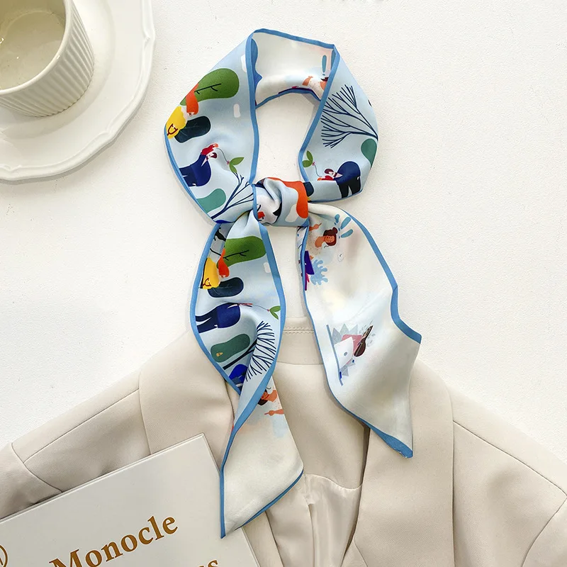 2024 Choice Satin Silk Neckerchief For Women Clean Colock Cartoon Print Double-Sided Bevel Ladies Neck Scarves Hat Bags Ribbon