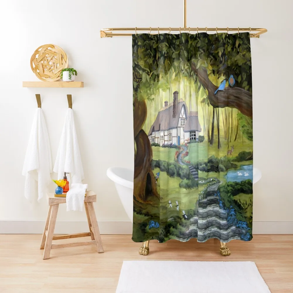 

Whimsical Cottage in the Enchanted Woods Shower Curtain Shower Bathroom Waterproof Fabric Bathroom Curtain